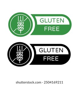 Gluten Free Round Green and Black Vector Flat Labels with Wheat Sign on White Background. Organic, Bio and Ecological Labels for Packaging Design. Certified Food Badge, Stamp.