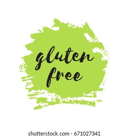 Gluten free round stamp. Vegan, eco, bio, raw, organic green design template. Healthy food badge, tag for cafe, package. Hand drawn lettering card, watercolor ink dry brush stroke. Vector logo or sign