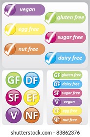 Gluten Free - Selection of colorful food allergy labels and logo's including gluten free, nut free, dairy free, sugar free, vegan and egg free.