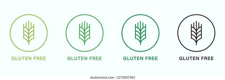 Gluten Free Sign. Allergic on Wheat Black and Green Icon Set. No Gluten in Food. Not Allergy Wheat Symbol. Nutrition without Gluten Logo. Organic Grain Symbol. Isolated Vector Illustration.