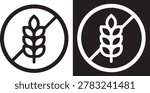 Gluten free sign vector icon, black and white outline wheat ear restriction symbol for food allergen warning, healthy diet, and product packaging design.