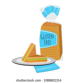 Gluten free sliced bread loaf with sandwich on plate. Vector illustration.