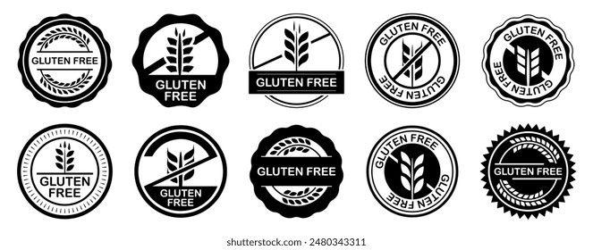 Gluten free stamp collection. Set of black gluten free label for diet. Gluten free badges
