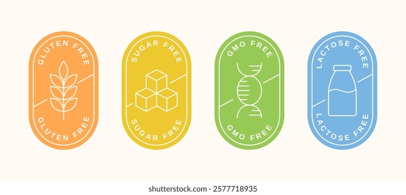 Gluten free, sugar free, gmo free, lactose free colorful labels. Healthy food badges. Vector illustration