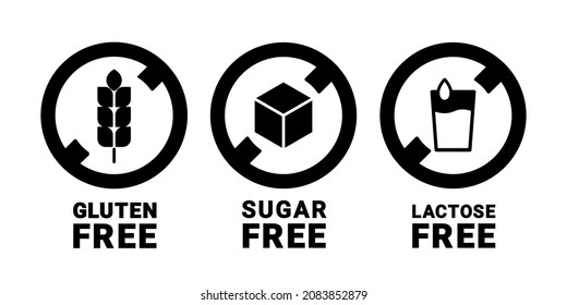 Gluten free, sugar free and lactose free icons. Healthy food. Health care. Vector sign