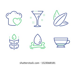 Gluten free, Sunflower seed and Water splash line icons set. Love cooking, Cocktail and Dry cappuccino signs. Bio ingredients, Vegetarian food, Aqua drop. Chef hat. Food and drink set. Vector