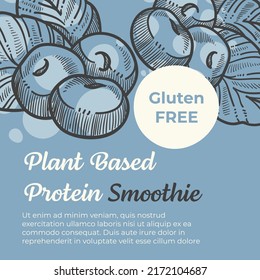 Gluten free tasty plant based protein smoothie made from forest berries. Natural ingredients and beverage alternatives with vitamins. Promotional banner, advertisement of product. Vector in flat style