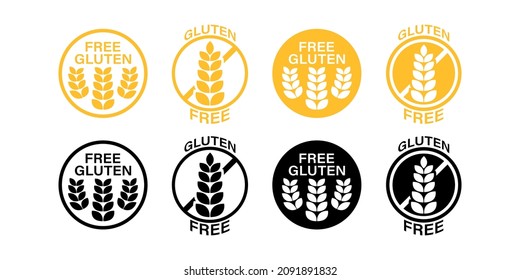Gluten free vector diet stamp icon set. Wheat product allergy yellow and black symbol collection.