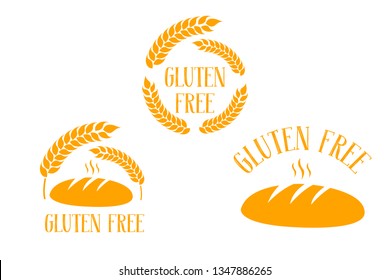 Gluten free vector logo set. Fresh loaf of bread with gluten free hand drawn typography. Warm non gluten bread. Gluten free vector signs with Ears of wheat. Circle orange symbol of wheat.