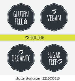 Gluten Free, Vegan, Organic, Sugar Free vector icon. Isolated grey white label set. Symbol for food, healthy eating, product, sticker, allergy, diet, design element