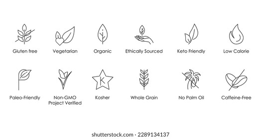 gluten free, vegetarian, organic, ethically sourced, keto friendly, low carbs, paleo friendly, non gmo, kosher, whole grain, no palm oil, caffeine free icon set vector 