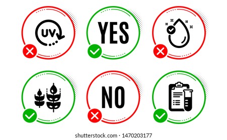 Gluten free, Vitamin e and Uv protection icons simple set. Yes no check box. Medical analyzes sign. Bio ingredients, Oil drop, Skin cream. Medicine results. Healthcare set. Gluten free icon. Vector