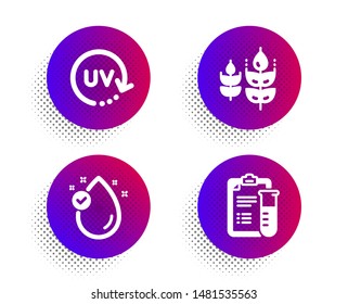 Gluten free, Vitamin e and Uv protection icons simple set. Halftone dots button. Medical analyzes sign. Bio ingredients, Oil drop, Skin cream. Medicine results. Healthcare set. Vector