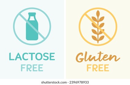 Gluten free, zero wheat, vegan, food intolerance. Eco friendly, label. Lactose free, zero milk, vegan, vegetable milk. Healthy, health, nutrition. Food, drink, eat