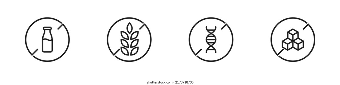 Gluten gmo lactose sugar free icon set. Allergy free product symbol collection. Vector isolated illustration.