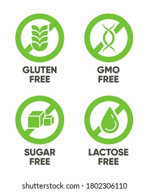 Gluten, GMO, Sugar, Lactose free signs. Set of green symbols with text for allergy, healthy food, natural organic products concept. Vector illustrations isolated on white background