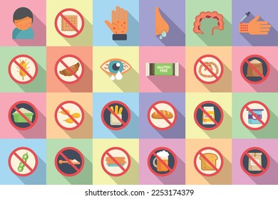 Gluten intolerance icons set flat vector. Free gluten. Non gmo
