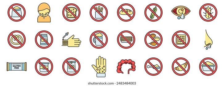 Gluten intolerance icons set outline vector. Free gluten. Non gmo thin line color flat on white