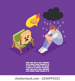 Intolerancia gluten composición de fondo isométrica con carácter humano bajo nubes lluviosas y cara triste sobre ilustración del vector del pan