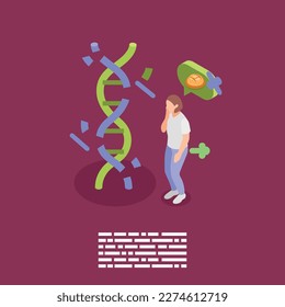Intolerancia al gluten Composición de fondo isométrica con visión de pensamiento del adn roto y del carácter humano de la ilustración del vector alimentario
