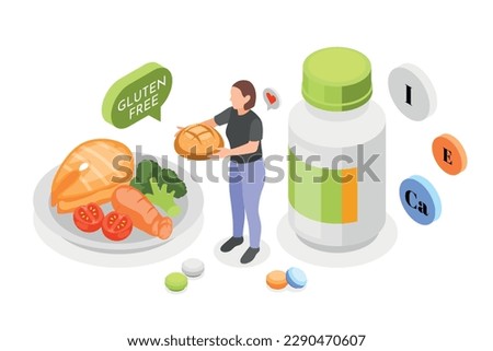 Gluten intolerance isometric composition with plastic jar nutrient icons female character fish and vegetables on plate vector illustration