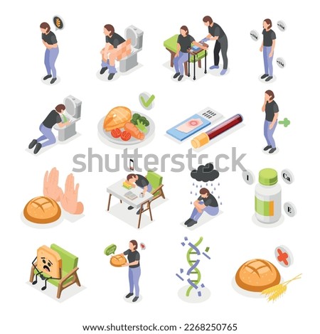 Gluten intolerance isometric set of isolated icons with pictograms human characters food products and blood test vector illustration