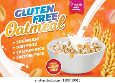 Gluten, Lactose Free Oatmeal Horizontal Banner, Five Minutes Quick Cooking, Sugarless Calcim Rich Diet Food, Oat Porridge in Plate with Pouring Milk Advertising Poster Realistic 3d Vector Illustration