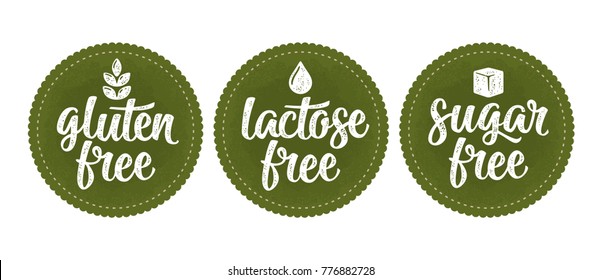 Gluten, lactose, sugar free lettering with leaf, cube, drop. Vector white vintage illustration isolated on dark green circle sticker. Sign natural organic food