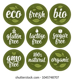 Gluten, lactose, sugar, Gmo free, bio, eco, fresh calligraphic handwriting lettering with leaf, cube, drop. Vector white vintage illustration on green circle sticker. Sign 100% natural organic food