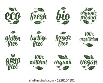 Gluten, lactose, sugar, Gmo free, bio, eco, fresh calligraphic handwriting lettering with leaf, cube, drop. Vector white vintage illustration on white. Sign for 100% natural organic food sticker