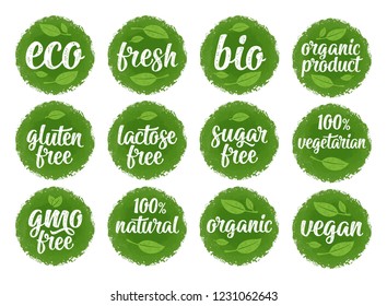 Gluten, lactose, sugar, Gmo free, bio, eco, fresh, vegan, vegetarian calligraphic lettering with leaf, cube, drop. Vector white vintage illustration on green circle sticker. Sign 100% organic food