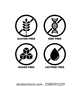 Gluten, lactose, sugar, gmo free flat ector icon. Allergy icons set