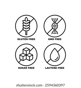 Gluten, lactose, sugar, gmo free flat ector icon. Allergy icons set