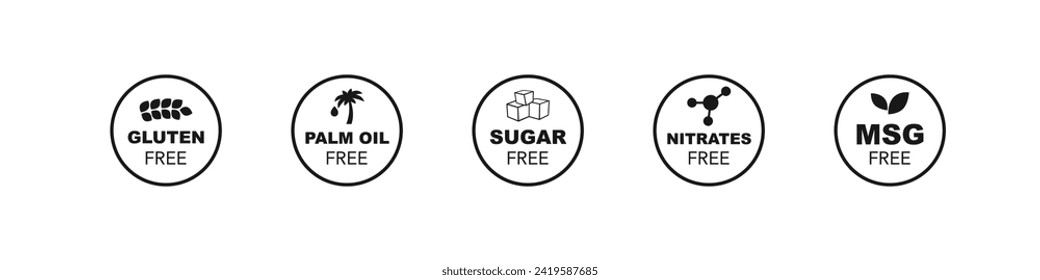 Gluten, palm oil, sugar, nitrates, msg free vector icon. Natural nutrition food stamp set.