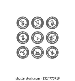 Gluten, soy, trans fat free vector badge label set. Corn, preservatives, gmo free black isolated circle stamp icons.