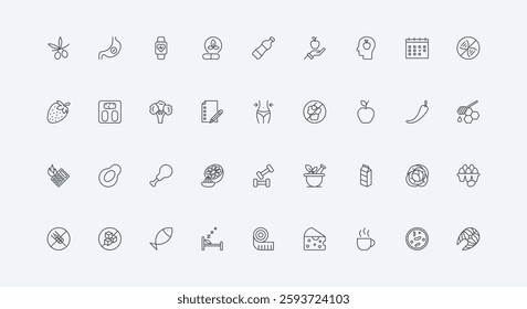 Gluten, sugar and fast food free for body health thin black outline symbols vector illustration. Diet planning, dietary supplements and healthy nutrition, calorie burning line icon set