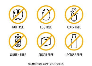 Gluten, sugar free, lactose intolerant. Set of isolated vector label icons for packaging design of food intolerance and diet food. Illustration of allergen healthy information