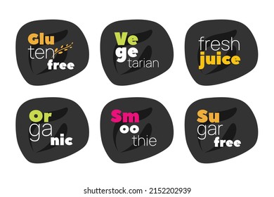 Gluten, Sugar Free, Organic, Vegetarian, Smoothie, Fresh Juice vector icon set. Isolated label, symbol for food, product sticker, design element