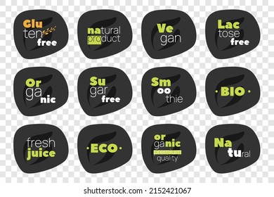 Gluten, Sugar, Lactose Free, Organic, Natural, Vegan, Smoothie, Juice, Bio, Eco vector icon set. Isolated circle label, symbol for food, product sticker, allergy, diet, design element