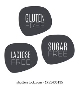 Gluten, Sugar, Lactose Free Vector Icon. Gray Isolated Sign Set. Illustration Symbol For Food, Product Sticker, Package, Label, Special Diet, Design