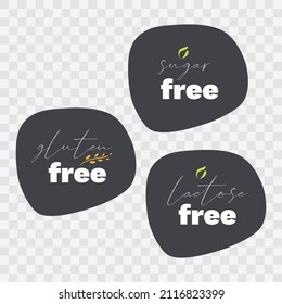 Gluten Sugar Lactose Free vector icon set. Gray isolated sign. Illustration symbol for food, product sticker, package, label, diet, allergy, design element