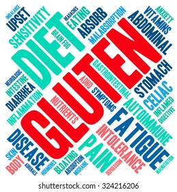 Gluten word cloud on a white background. 