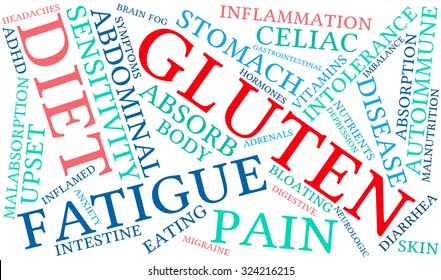 Gluten word cloud on a white background. 