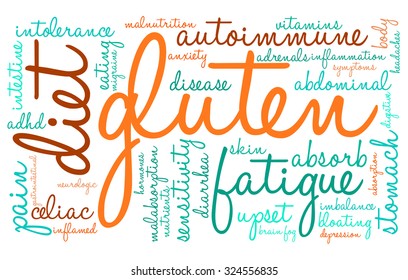 Gluten word cloud on a white background.