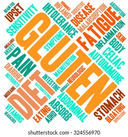 Gluten word cloud on a white background.