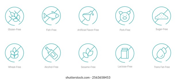 Gluten-Free, Fish-Free, Artificial Flavor-Free, Pork-Free, Sugar-Free, Wheat-Free, Alcohol-Free, Sesame-Free, Lactose-Free, and Trans Fat-Free Vector Icon Set for Allergy-Safe and Specialty Food Label