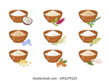 Gluten-free flour in wooden bowl. Set of different types of flour. Coconut, amaranth, chia, flaxseed, rice, quinoa, chickpea, almond, buckwheat. Organic healthy food. Vector cartoon flat illustration.