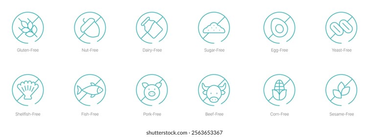 Gluten-Free, Nut-Free, Dairy-Free, Sugar-Free, Egg-Free, Yeast-Free, Shellfish-Free, Fish-Free, Pork-Free, Beef-Free, Corn-Free, and Sesame-Free Vector Icon Set for Inclusive and Allergy-Safe Foods