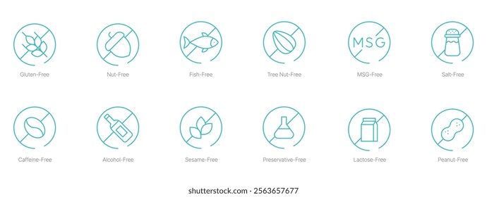 Gluten-Free, Nut-Free, Fish-Free, Tree Nut-Free, Energy-Free, Salt-Free, Caffeine-Free, Alcohol-Free, Sesame-Free, Preservatives-Free, Lactose-Free, and Peanut-Free Vector Icon Set 