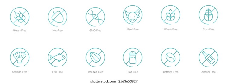 Gluten-Free, Nut-Free, GMO-Free, Beef-Free, Wheat-Free, Corn-Free, Shellfish-Free, Fish-Free, Tree Nut-Free, Salt-Free, Caffeine-Free, and Alcohol-Free Vector Icon Set for Allergy-Friendly and Clean 